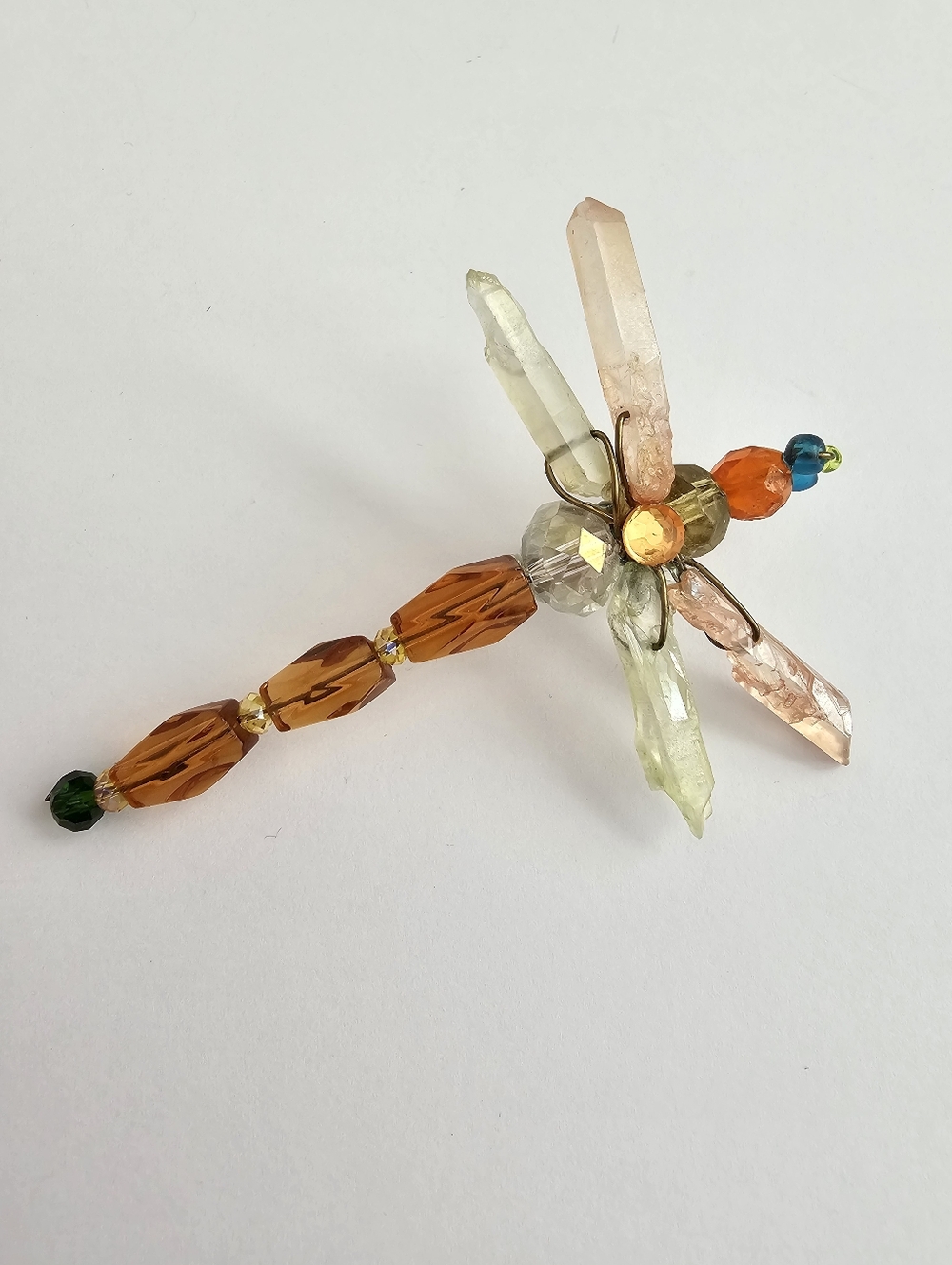 Artisan Beaded Dragonfly Brooch – Raw Quartz Crystal Wings & Faceted Glass